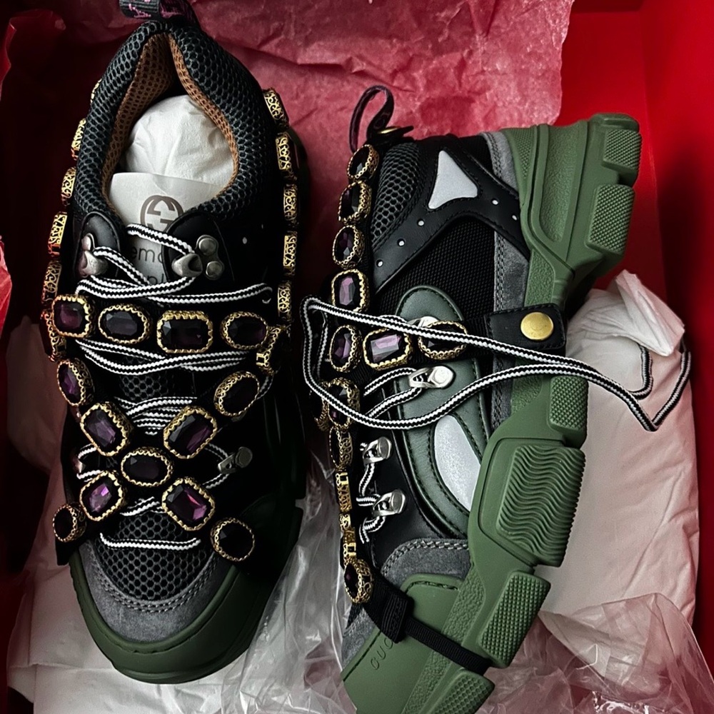 Gucci Black and Green Embellished Sneakers